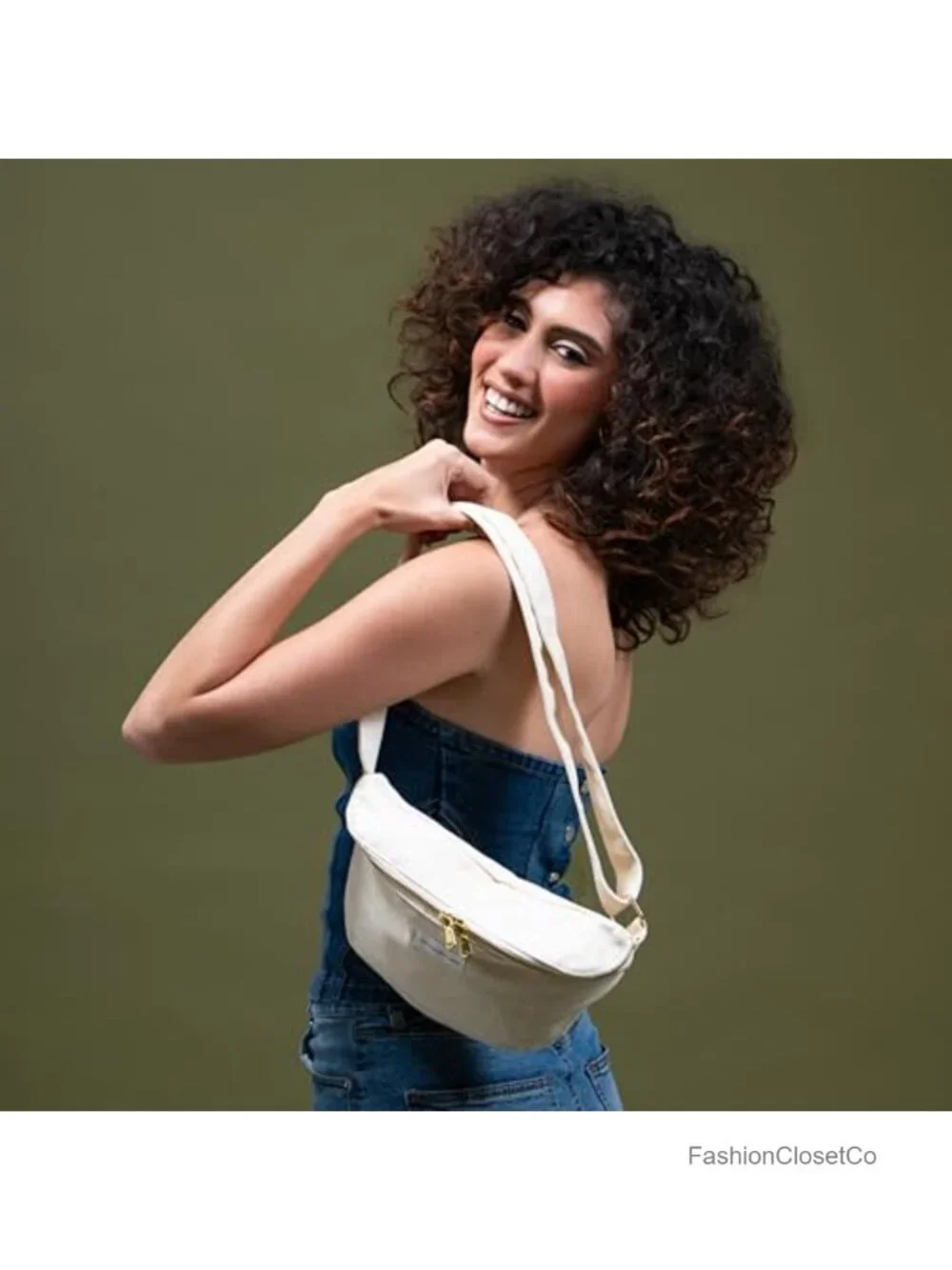 Cotton Canvas Crossbody Belt Bag with Dual Zippers, Adjustable Strap